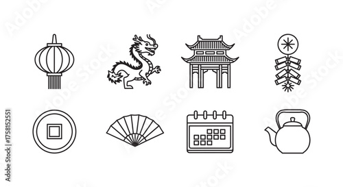 Black outline icons of various asian cultural symbols, including a lantern, dragon, pagoda, firecrackers, ancient coin, fan, calendar, and teapot.