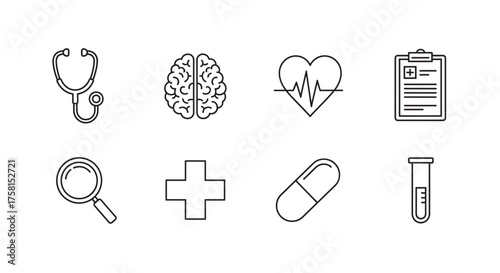 Set of eight black outline medical icons depicting a stethoscope, brain, heart with heartbeat line, health form, magnifying glass, cross, pill, and test tube.