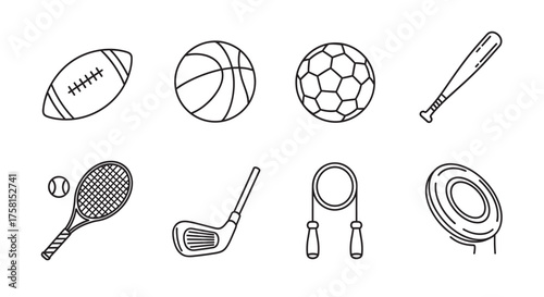 Black outline icons of various sports equipment including a football, basketball, soccer ball, baseball bat, tennis racket, golf club, jump rope, and flying disc.