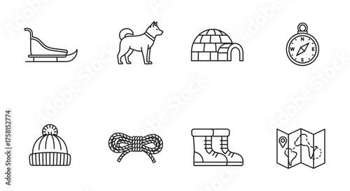 Black outline vector icons depicting a sled, husky dog, igloo, compass, knit hat, rope, boots, and map, symbolizing elements of winter adventure and exploration.