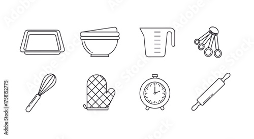 Black outline vector icons of various kitchen utensils, including a baking pan, measuring cups, bowls, measuring cup, whisk, oven mitt, timer, and rolling pin.