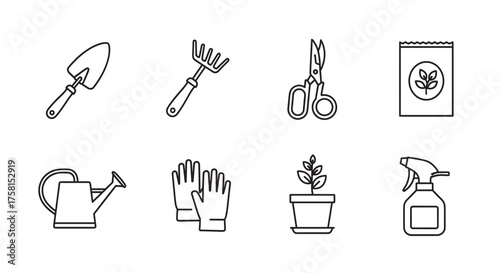 Black outline icons of gardening tools including a trowel, rake, pruning shears, seed packet, watering can, gloves, plant pot, and spray bottle.