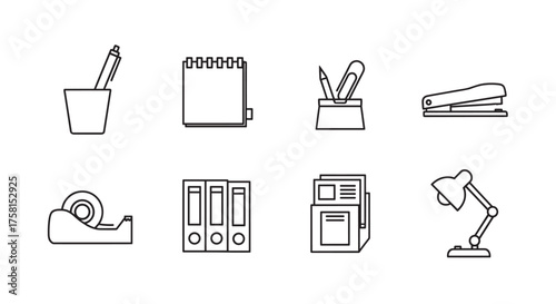 Black outline vector icons of various office supplies, including a pen holder, notebook, stationery organizer, stapler, tape dispenser, binders, file cabinets, and a desk lamp.