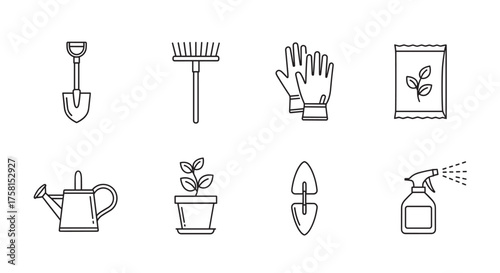 Black outline icons of various gardening tools including a shovel, rake, gloves, seed packet, watering can, potted plant, trowel, and spray bottle.