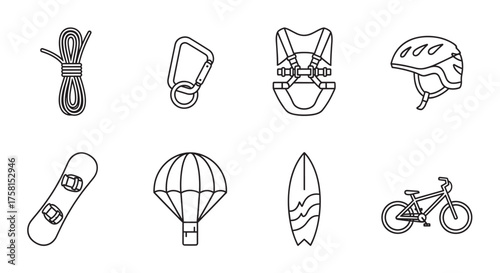 Black outline vector icons of adventure and outdoor sports gear, including a rope, carabiner, harness, helmet, snowboard, parachute, surfboard, and bicycle.