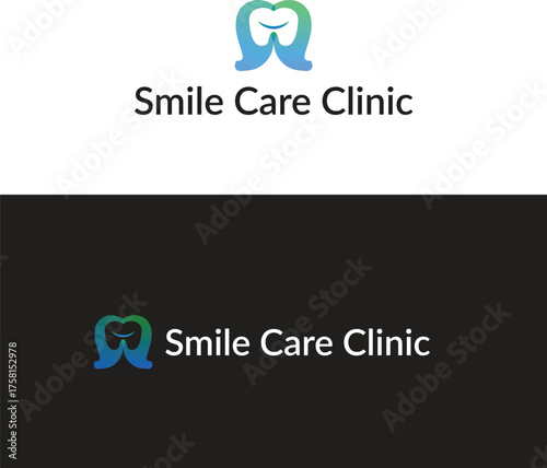 Smile Care Clinic logo with tooth and hands in blue and green.