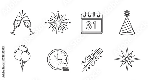 Black outline vector icons of celebratory items including champagne glasses, fireworks, calendar, party hat, balloons, clock, party popper, and spark.