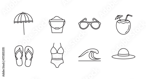 Black outline icons of a beach umbrella, sand bucket, sunglasses, coconut drink, flip-flops, swimsuit, ocean wave, and sun hat.