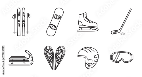 Black outline vector icons of skis with poles, snowboard, ice skate, hockey stick with puck, sled, snowshoes, helmet, and goggles for winter sports equipment.