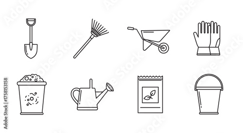 Black outline icons of gardening tools including a shovel, rake, wheelbarrow, gloves, compost bin, watering can, seed packet, and bucket, suitable for gardening and horticulture concepts.