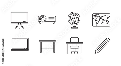 Black and white outline icons of various classroom items including a chalkboard, projector, globe, map, desk, chair, and pencil arranged in two rows.