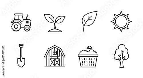 Set of eight black outline icons depicting various farming and gardening concepts, including a tractor, seedlings, leaves, sun, shovel, barn, basket, and tree.