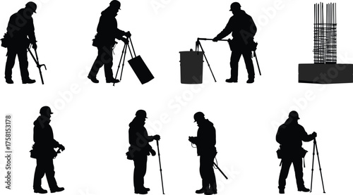 Construction worker silhouettes, surveyor with total station, building site engineering, civil engineer with hard hat, surveying equipment, infrastructure project,