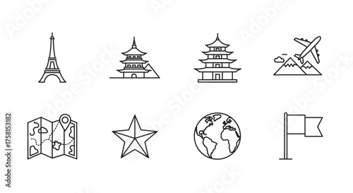 Black outline icons depicting various travel landmarks and symbols, including the eiffel tower, pagoda, mountains with an airplane, map, star, globe, and flag.
