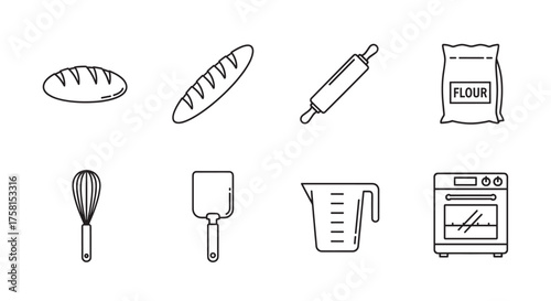 Black outline icons of baking items including bread, rolling pin, flour bag, whisk, pizza peel, measuring cup, and oven.