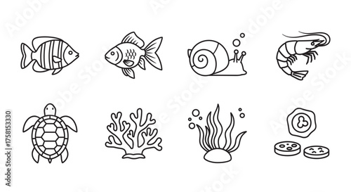 Eight black outline icons of aquatic life including fish, snail, shrimp, turtle, coral, seaweed, and cells.