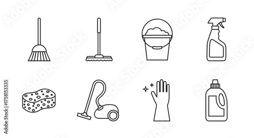 Black outline icons of various cleaning tools including a broom, mop, bucket, spray bottle, sponge, vacuum cleaner, glove, and detergent bottle.
