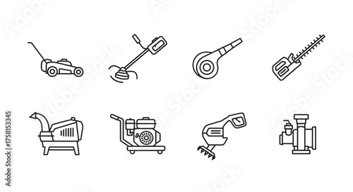 Set of eight black outline icons depicting gardening tools, including a lawn mower, trimmer, and hedge trimmer, suitable for outdoor and landscaping themes.