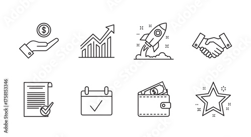 Eight minimalistic black outline business-related icons including a hand receiving a coin, growth chart, rocket, handshake, contract, calendar, wallet, and star.