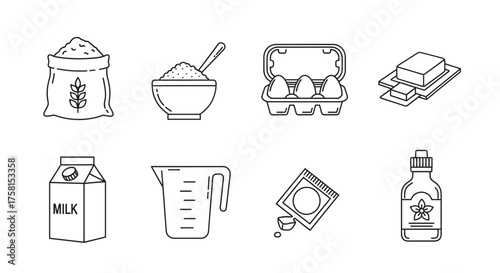 Black outline icons depicting a sack of flour, a bowl of sugar, an egg carton, sticks of butter, a milk carton, a measuring jug, a packet of baking powder, and vanilla extract.
