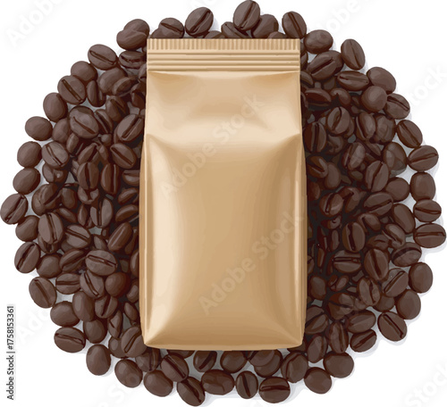 Blank coffee packaging bag mockup on roasted beans isolated on white background for design
