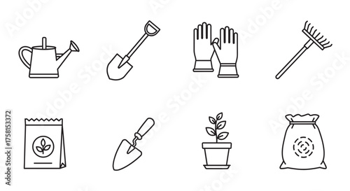 Black outline vector icons of gardening tools including a watering can, shovel, gloves, rake, seeds, trowel, potted plant, and soil bag.