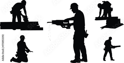 Construction worker silhouettes, building labor, teamwork, safety helmet, manual labor, industrial site, bricklaying, jackhammer drilling, construction teamwork, heavy equipment,