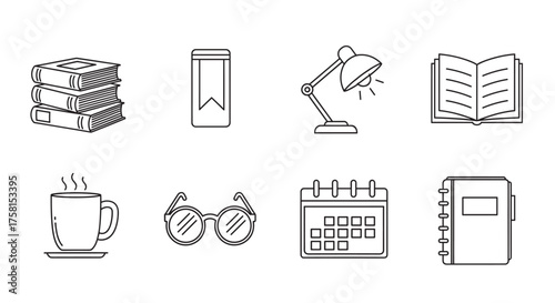 Black outline vector icons of stacked books, bookmark, desk lamp, open book, coffee cup, sunglasses, calendar, and notebook, representing study and organization tools.