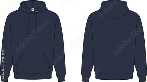 Dark navy hoodie front and back view, fashion flat sketch, vector apparel mockup, unisex casual wear design, CAD clothing illustration