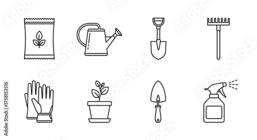 Simple black outline icons of various gardening tools including a watering can, shovel, rake, gloves, plant pot, trowel, and spray bottle.