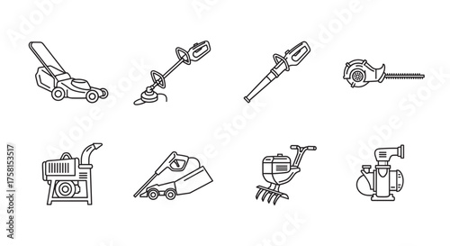 Black outline icons of various garden tools, including lawn mower, trimmer, leaf blower, chainsaw, wood chipper, wheelbarrow, tiller, and water pump.