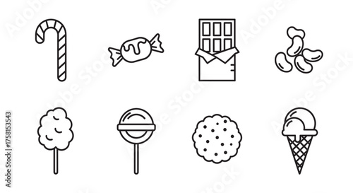 Black outline icons of sweets including a candy cane, wrapped candy, chocolate bar, peanuts, cotton candy, lollipop, cookie, and ice cream cone.