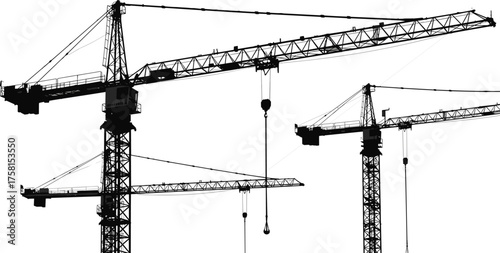 Construction tower cranes, industrial skyline, heavy machinery, urban development, engineering structure, building site, steel framework, modern architecture, construction industry, crane silhouette, 