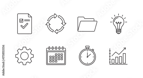 Collection of eight black outline icons representing project management concepts, including a checklist, circular arrows, folder, lightbulb, gear, calendar, stopwatch, and graph.