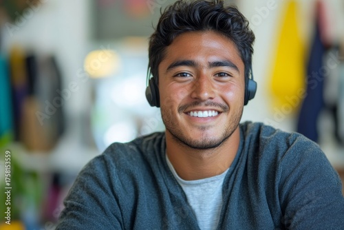 Portrait of a smiling young Hispanic man wearing a headset, sitting at an office desk and talking to the camera with confidence and clarity, Generative AI