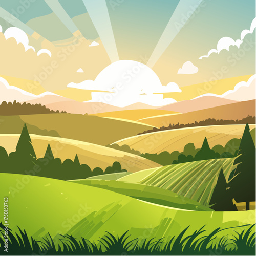 panorama of a beautiful, ecological farmland at sunrise