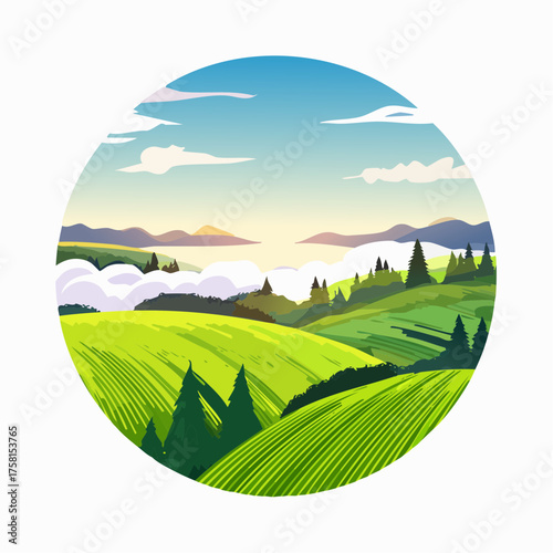 panorama of a beautiful, ecological farmland at sunrise
