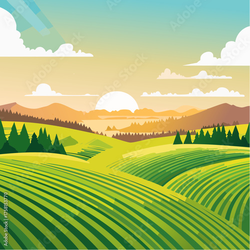 panorama of a beautiful, ecological farmland at sunrise