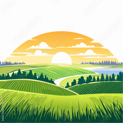 panorama of a beautiful, ecological farmland at sunrise