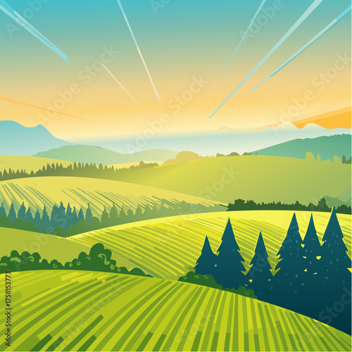 panorama of a beautiful, ecological farmland at sunrise