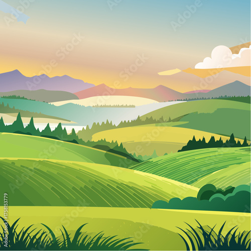 panorama of a beautiful, ecological farmland at sunrise