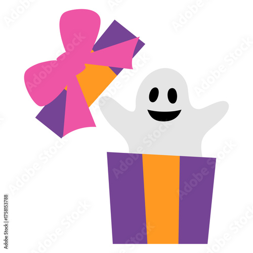 Logo Halloween. Silueta de fantasma sonriente saliendo de un paquete de regalo