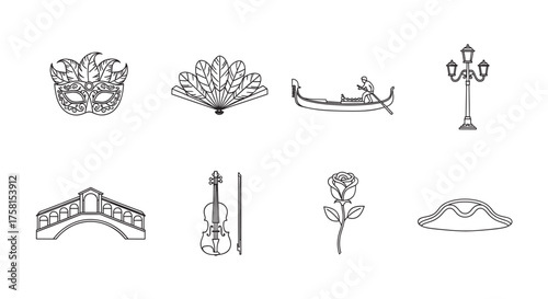Black outline icons representing venice, including a carnival mask, feathered fan, gondola, street lamp, rialto bridge, violin, rose, and traditional hat.