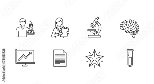Black outline vector icons of a scientist, lab technician, microscope, brain, graph, document, star, and test tube, representing scientific and research concepts.