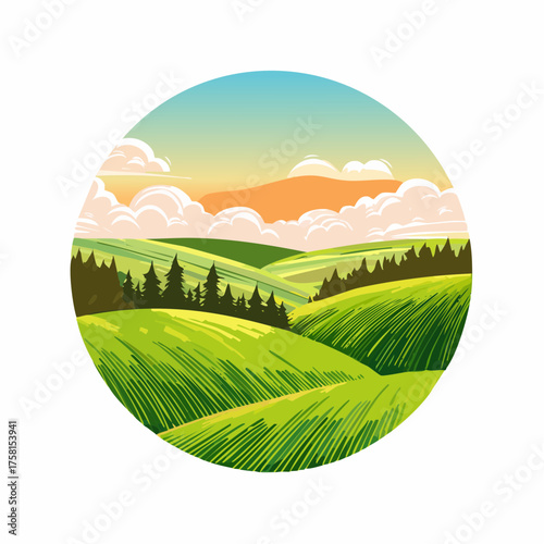 panorama of a beautiful, ecological farmland at sunrise