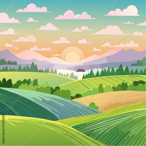 panorama of a beautiful, ecological farmland at sunrise