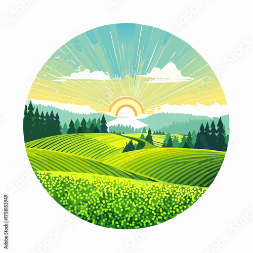 panorama of a beautiful, ecological farmland at sunrise