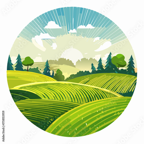 panorama of a beautiful, ecological farmland at sunrise