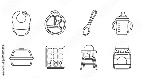 Black outline icons of baby feeding essentials, including a bib, pacifier, spoon, sippy cup, food container, tray, high chair, and jar of baby food.
