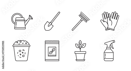 Black outline vector icons of gardening tools and supplies, including a watering can, shovel, rake, gloves, compost, seed packet, potted plant, and spray bottle.
